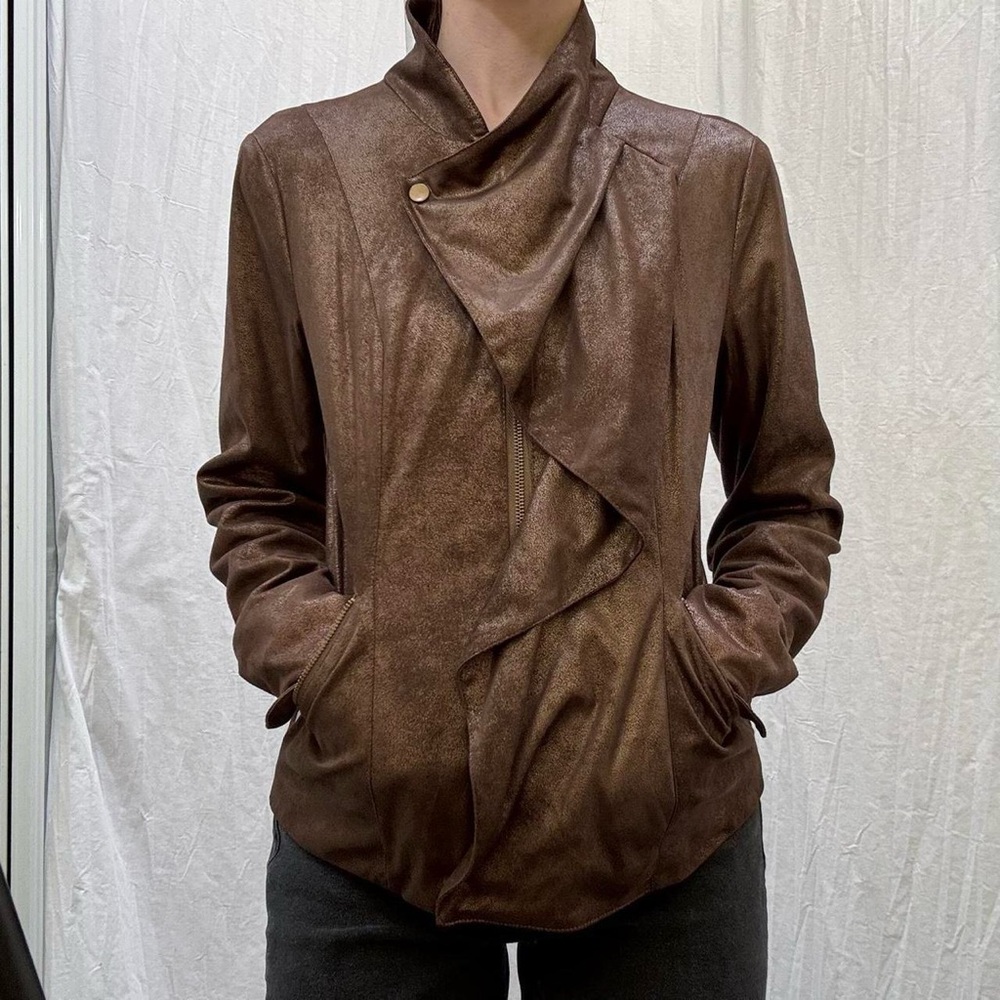 Brown women’s bomber jacket with unique drape and gold‎ undertones/hue